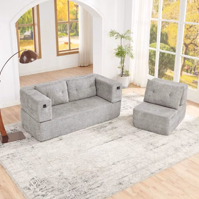 Divano letto modulare OKWISH in tessuto grigio con schienale reclinabile e funzione letto, L/P/H: 199 x 194 x 39 cm