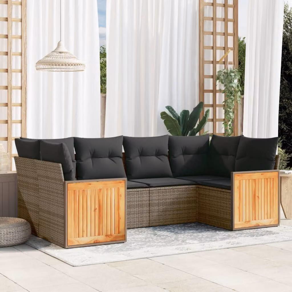vidaXL Set Divano da Giardino a L 6 pz in Polyrattan e Legno di Acacia Grigio con Cuscini Rimovibili – 1