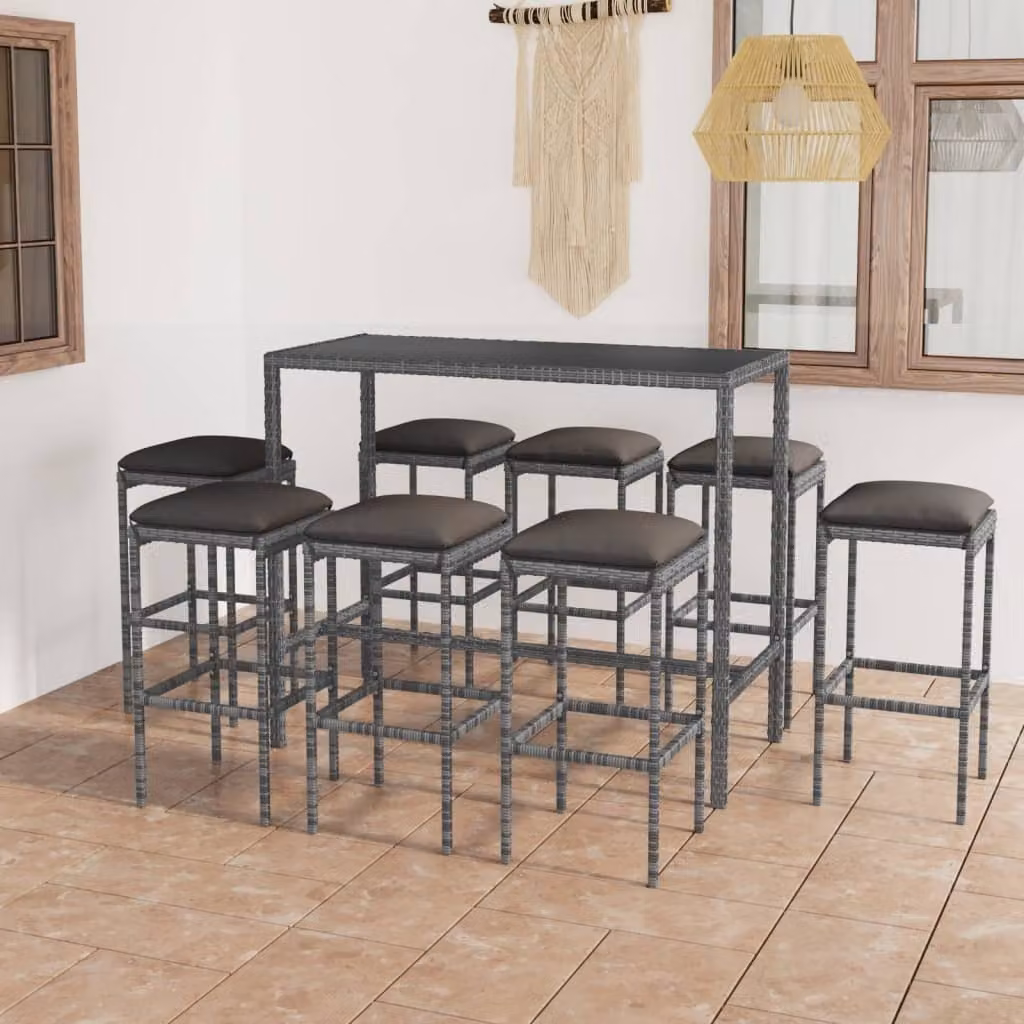 The Living Store Set bar da giardino 9 pezzi con cuscini in poly rattan grigio