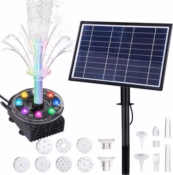 Pompa solare per giardino e piccoli laghetti - 230 l/h - 85 m di prevalenza - LED da 7 W - Alimentazione solare con batteria - Doppia fontana - Circolazione dell'acqua per piccoli laghetti