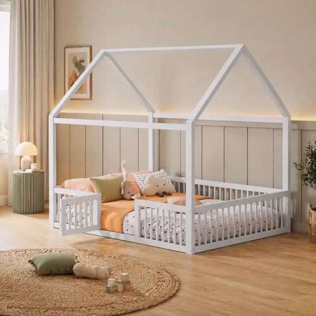 Letto a casetta per bambini 140x200 cm con sponde di sicurezza; legno di pino e MDF; bianco