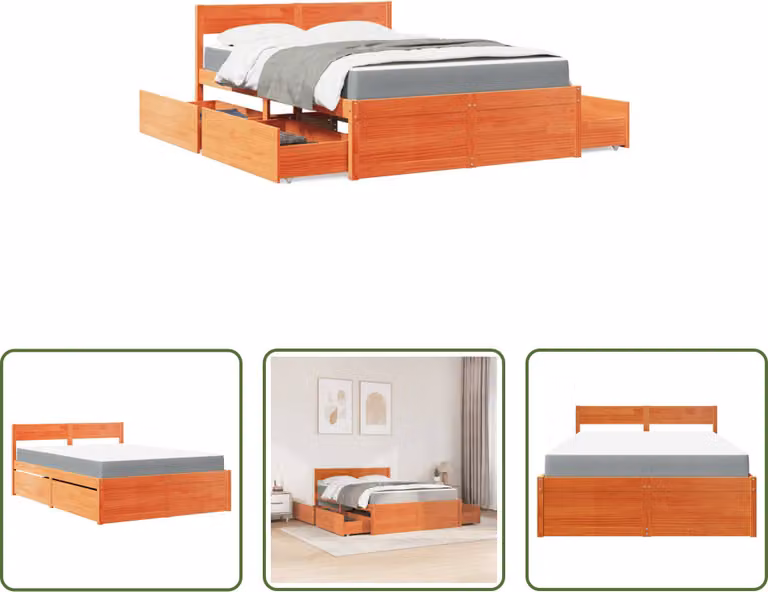 The Living Store Letto con cassetti e materasso marrone cera 140x190 in legno massiccio