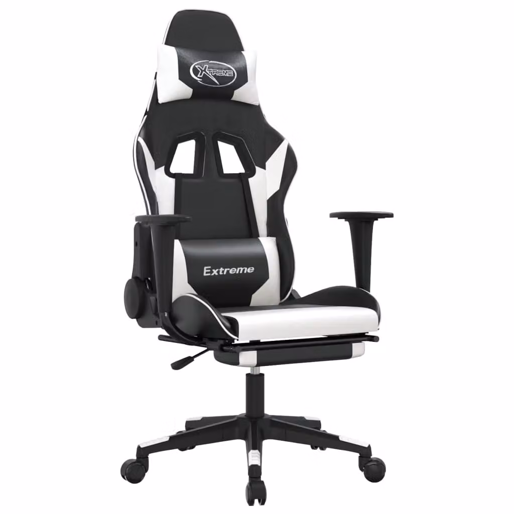 Sedia da Gaming con Poggiapiedi Nero e Bianco in Pelle finta