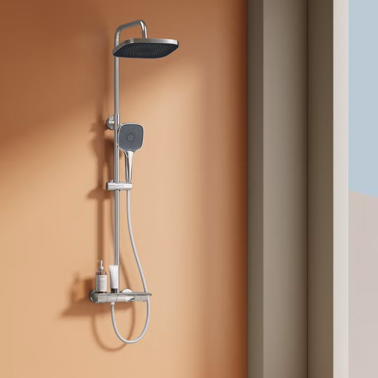Sistema doccia EMKE con termostato, soffione a pioggia da 36x24 mm, doccetta manuale con 3 intensità di getto, doccia a pioggia, miscelatori per bagno e doccia, conformità KTW, finitura cromata