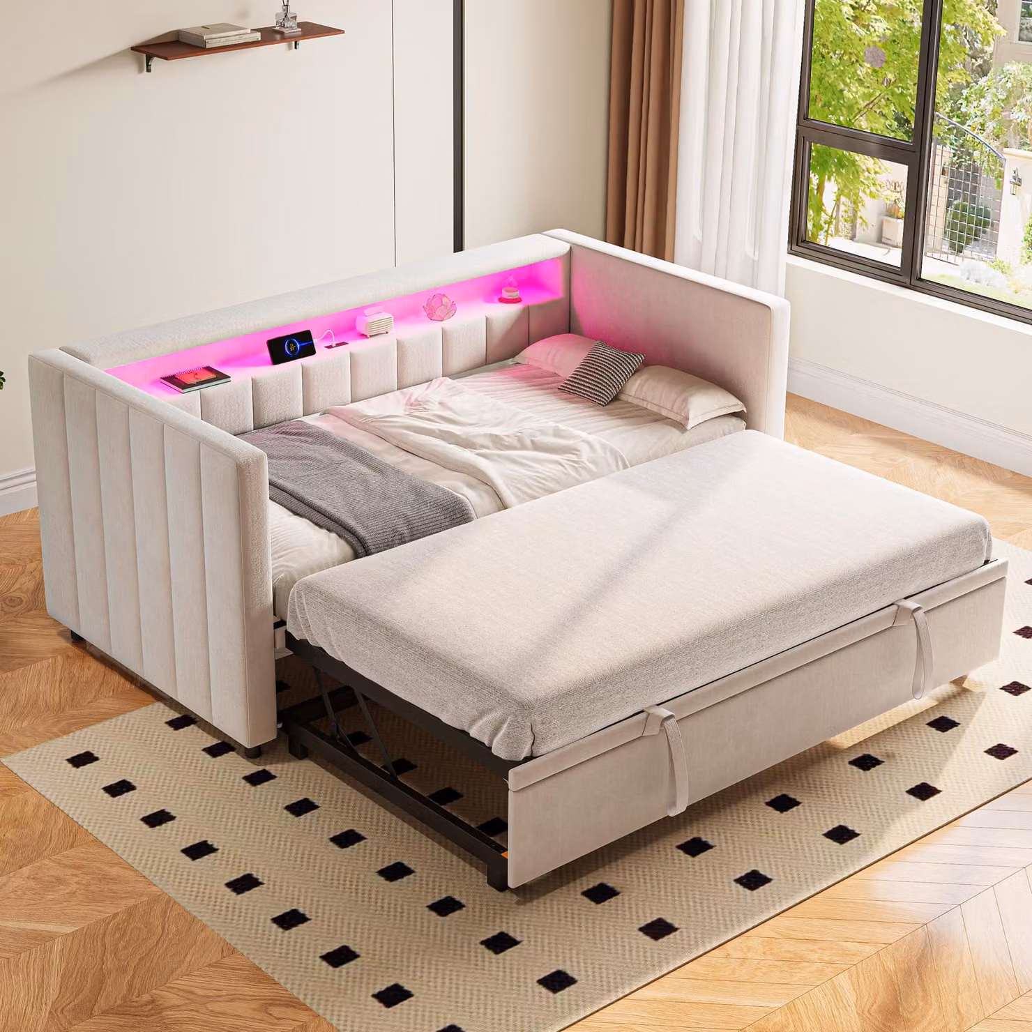Divano letto STILVORA, 90x190 cm, con meccanismo estraibile, letto per ragazzi con porta USB di tipo C e illuminazione LED ambientale, in velluto, color beige