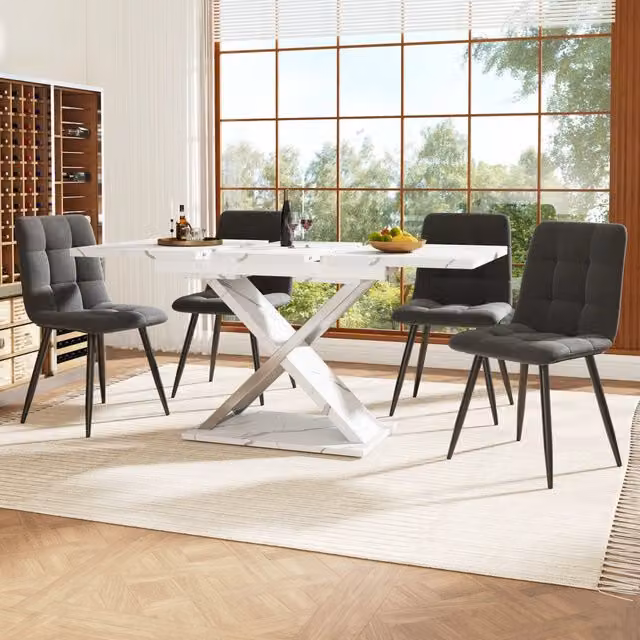 Tavolo da pranzo allungabile OKWISH moderno in MDF e metallo bianco con finitura lucida e gambe a X per cucina e soggiorno