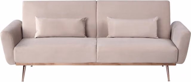 Divano letto tortora rivestito in velluto con gambe in metallo a 3 posti con cuscini aggiuntivi funzione letto convertibile retrò