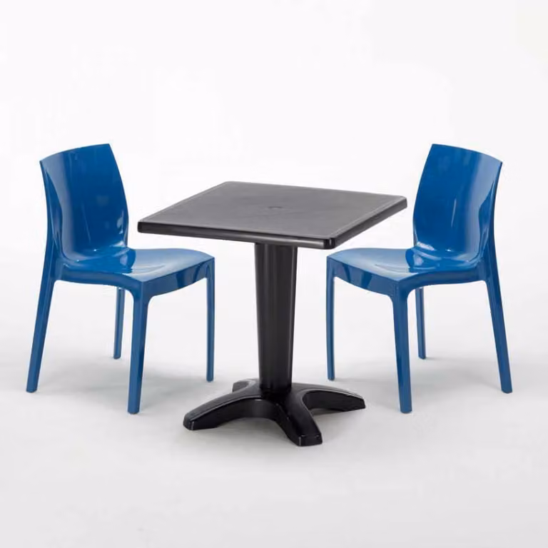 Tavolo quadrato nero e 2 sedie Set di aste per interni in polipropilene colorato Grand Soleil Ice Aia - Blu