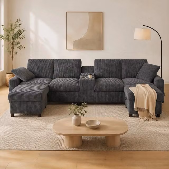 Divano a U moderno REDOM in tessuto corduroy grigio con 2 pouf e ricarica USB L: 315 cm, P: 135 cm, H: 81 cm