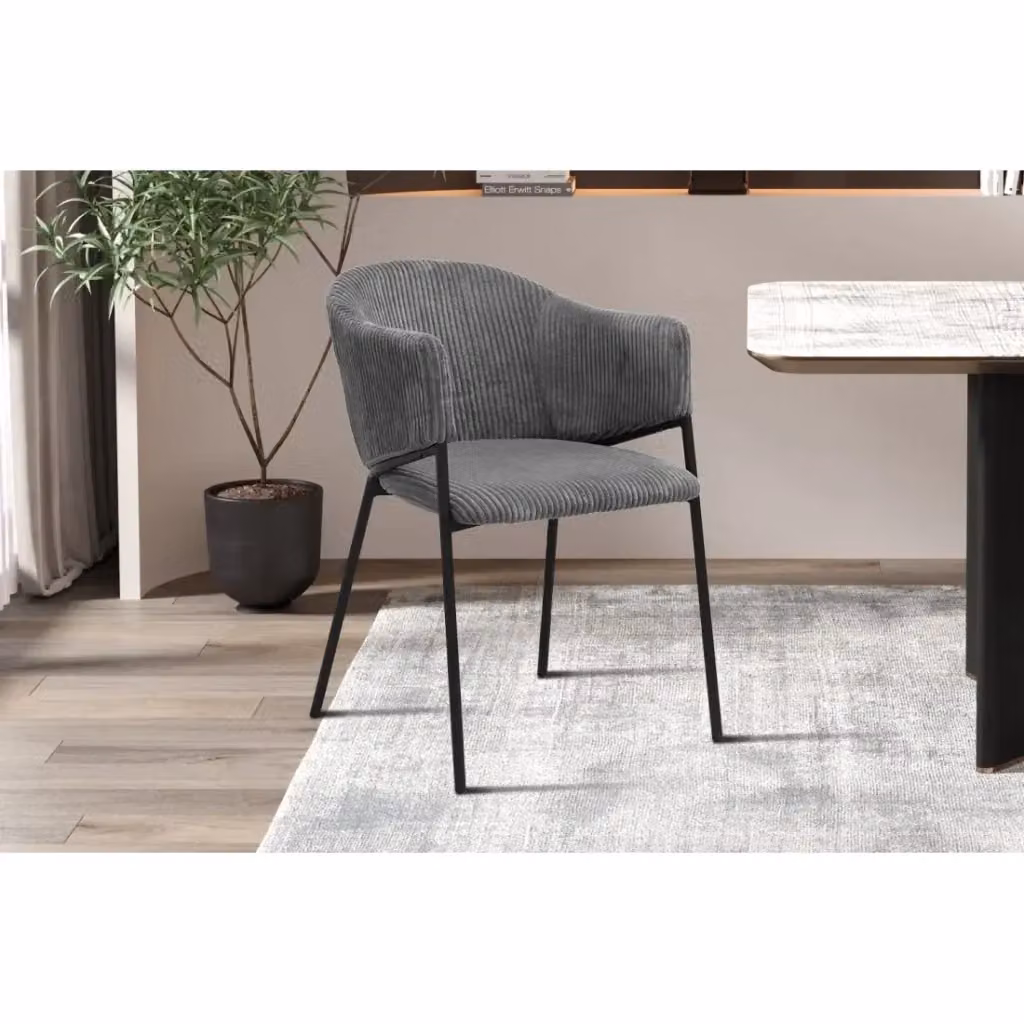 Sedia da pranzo IMANY Meublorama in velluto a coste grigio scuro con braccioli e piedi in metallo nero stile industriale – 2