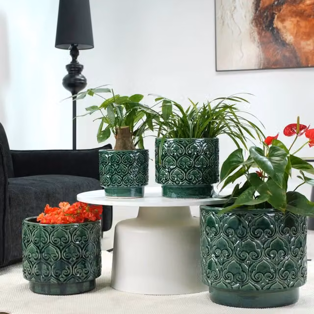 Set di 4 vasi per piante Minimal in ceramica verde per giardino e balcone, diametri: 38 cm, 31.5 cm, 24 cm, 19 cm