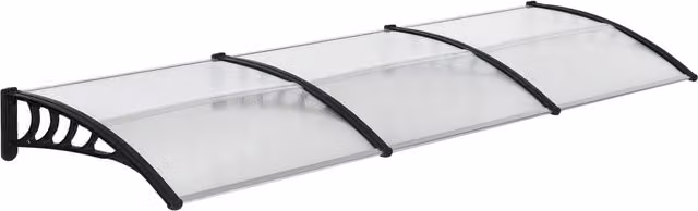 Tettoia moderna Outsunny per balconi, finestre e porte in alluminio e policarbonato, Nera e Trasparente, L 303 x P 96 x H 27 cm