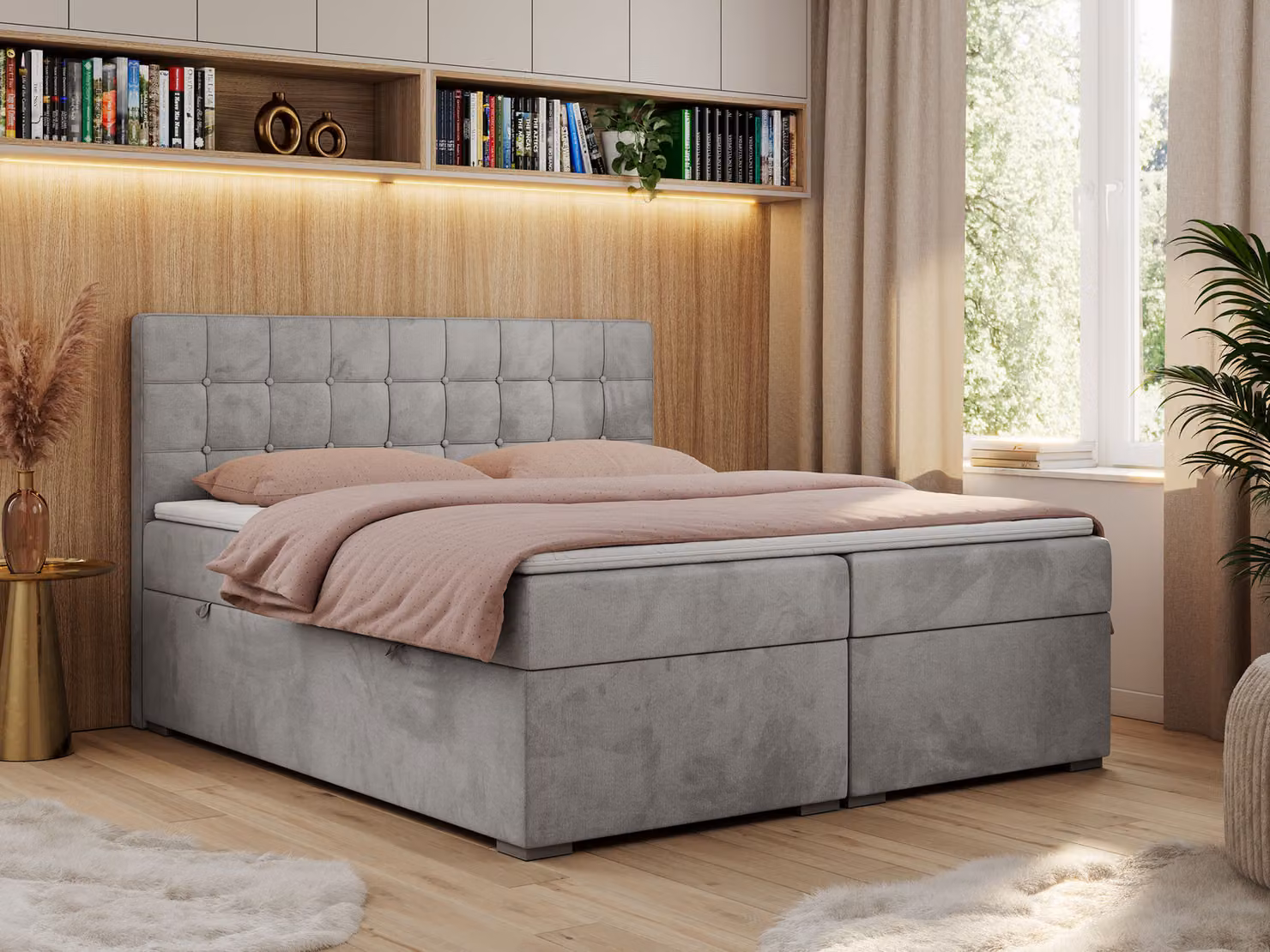 Letto boxspring, letto matrimoniale, letto imbottito con testiera, contenitore - CARMEN - 180x200 - Grigio chiaro - Velvet - H3