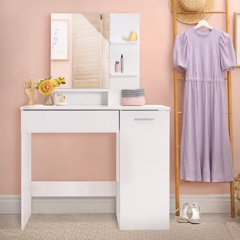 ML-Design tavolo da toilette bianco con specchio, tavolo da toilette con cassetto, 90x38x138 cm, bianco, moderno, tavolo cosmetico con mobile base