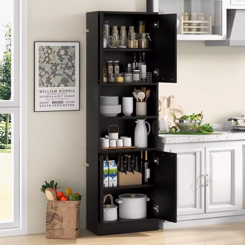 Credenza da Cucina e Mobile Buffet Alto Costway Nero con 2 Ante e Mensole Aperte, L/P/H: 56 x 30 x 190 cm – 2