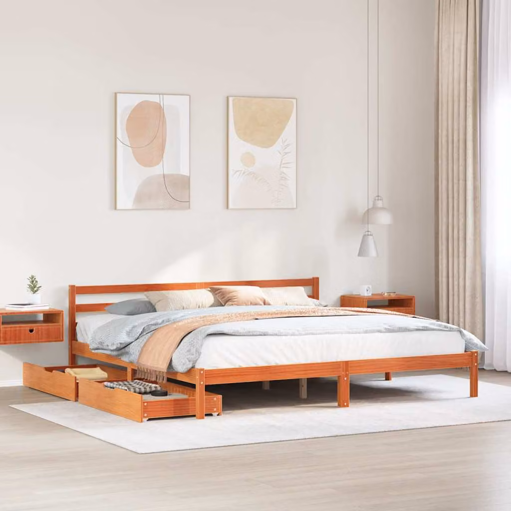 Letto senza materasso vidaXL in legno di pino marrone cera con doghe fisse L/P/H: 200 x 200 x 205,5 cm – 1