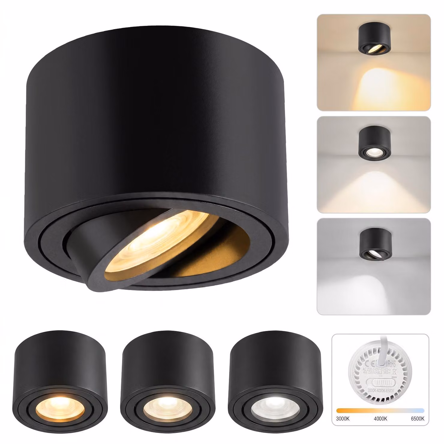 ZMH Faretto a LED da incasso, 4 pezzi, dimmerabile, 4 W, Ø 80 x 50 mm, ultrapiatto, orientabile a 30°, 3 CCT (3000 K/4000 K/6500 K), faretto da incasso a vista, rotondo, nero