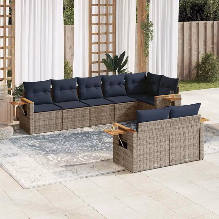 Set di Divani da Giardino vidaXL 8 pz in Polyrattan Grigio con Cuscini e Tavolino da Esterno