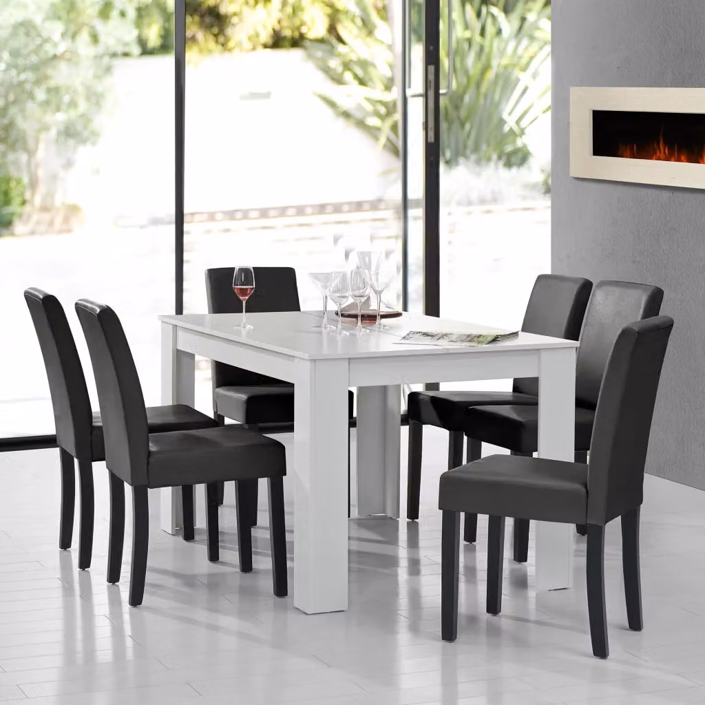 Set da pranzo en.casa composto da tavolo rettangolare e 6 sedie in similpelle, colori bianco e grigio scuro, L: 140 cm, P: 90 cm – 2
