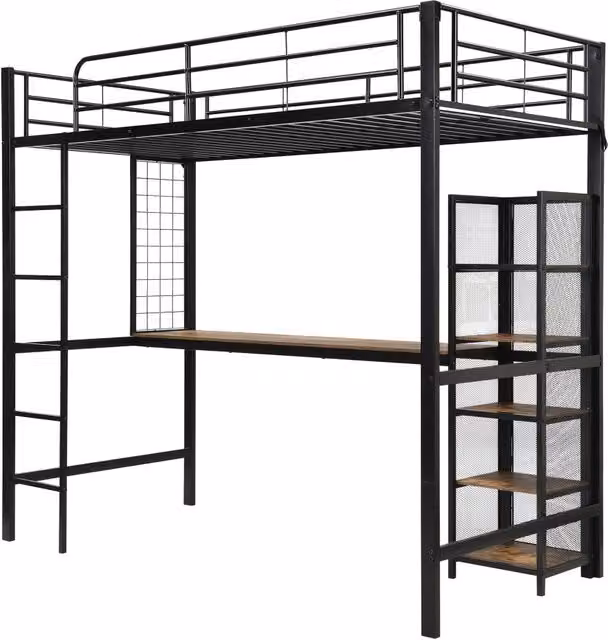 Letto a soppalco in ferro con scrivania e armadietto, 90x200 cm, nero e legno scuro