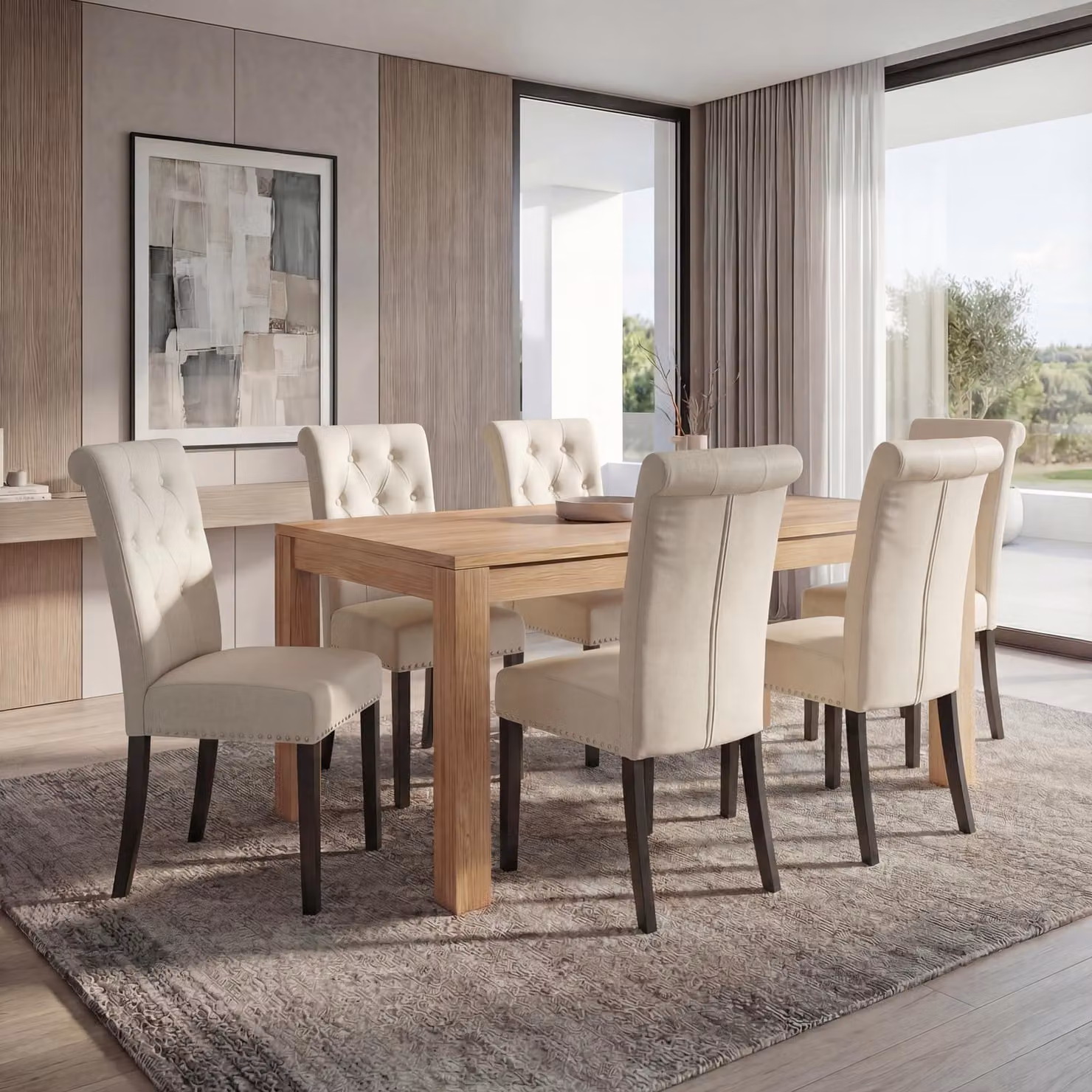 set di 6 sedie per sala da pranzo Chesterfield II, sedia da cucina, rivetti ~ Similcuoio, crema, gambe scure