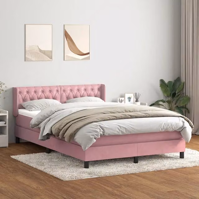 Letto Ibrido vidaXL con Giroletto a Molle e Materasso in Velluto Rosa e Bianco L: 147 cm, P: 223 cm, H: 88 cm – 1