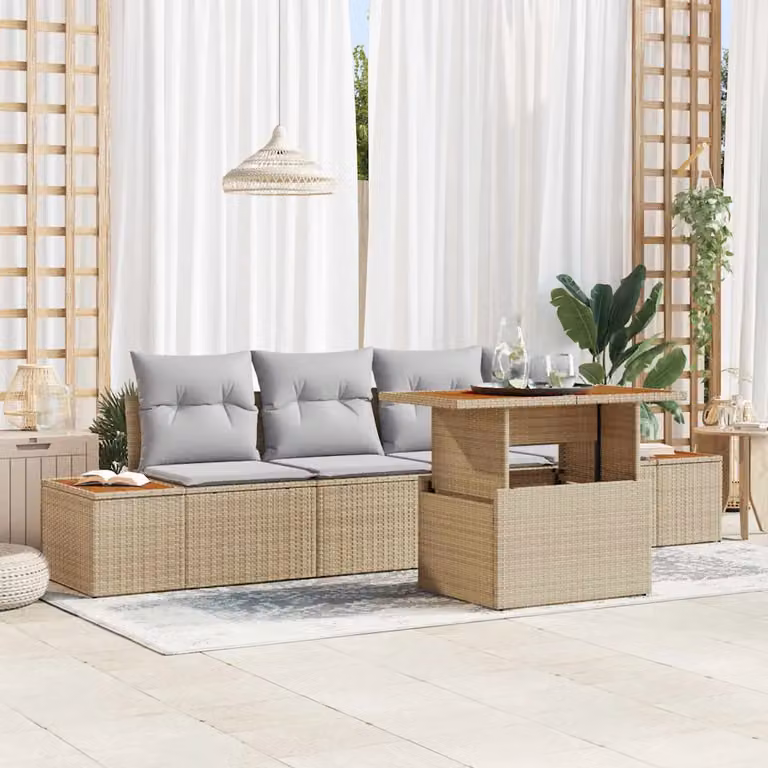 Set Divano da Giardino vidaXL 5 Pezzi in Polyrattan Beige con Cuscini e Tavolino