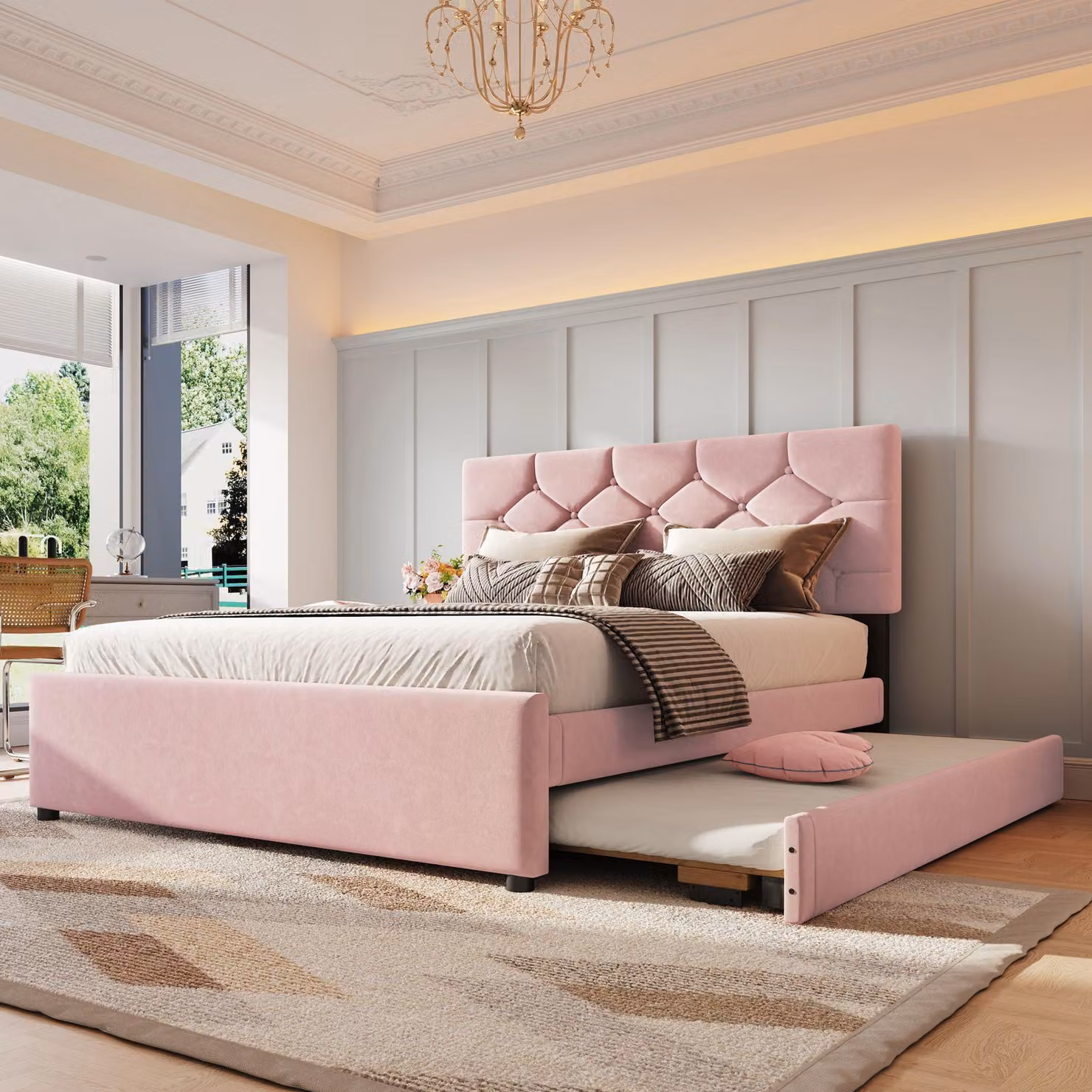 Letto imbottito Merax 140x200 cm, con letto estraibile 90x190 cm, rete a doghe, schienale con rivetti, letto matrimoniale, letto piano, letto per bambini, velluto, rosa