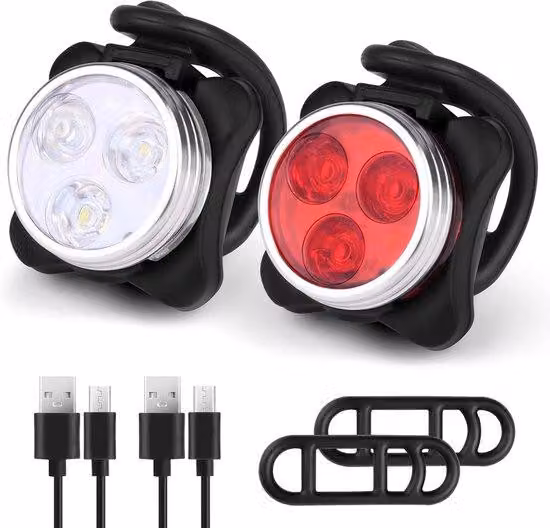 Set luci per bici, 2 pezzi, fascio luminoso a LED rosso + bianco
