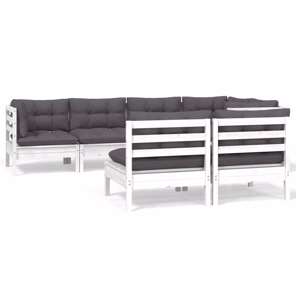 Set Divani da Giardino 7 pz con Cuscini Bianchi Legno di Pino