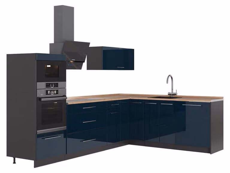 Cucina angolare completa Vicco Fame-Line Blu scuro lucido/Antracite 287 x 207 cm, PL Rovere, Model 63474