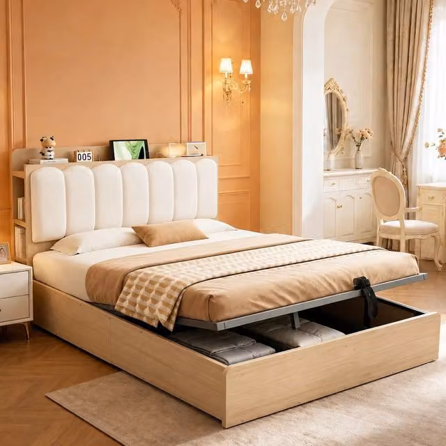 Letto con contenitore Mivray in tessuto beige e marrone con testiera imbottita, porta USB, luce da lettura integrata e mensola, L/P/H: 140 x 200 x 103 cm