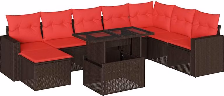 Set Divani da Giardino 9 pz con Cuscini Marrone in Polyrattan
