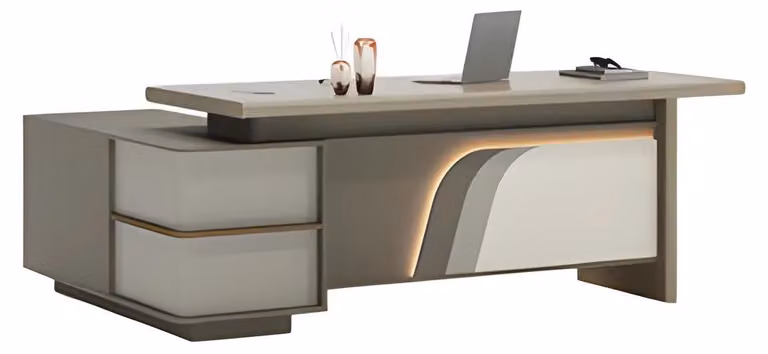 Schreibtisch Beige und Braun mit LED Beleuchtung und Schubladen für Bürodesign