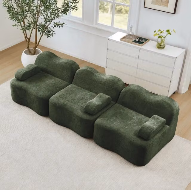 Divano modulare a onda 288x98x70 cm senza struttura interna in velluto verde