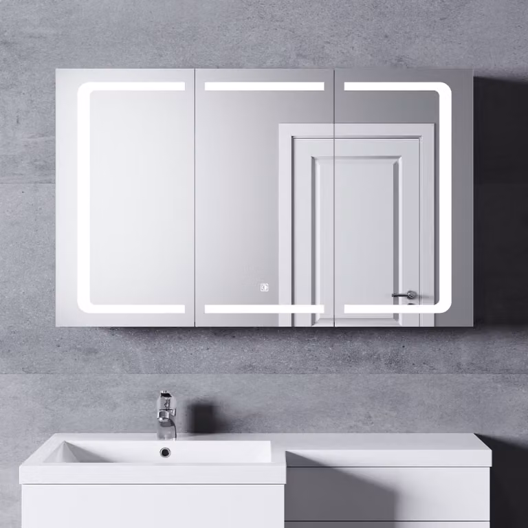 SONNI Armadio a specchio per bagno a 3 ante in acciaio inox 105x65cm con interruttore a sfioramento Illuminazione a LED a 3 colori design a cerniera senza fili con presa per rasoio