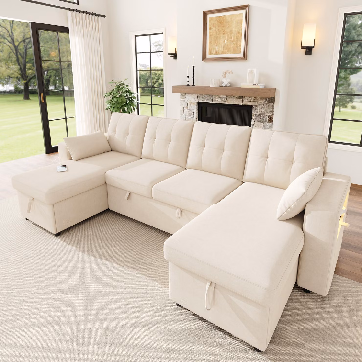 Divano letto okwish U-Form con 2 chaise longues, illuminazione LED e 2 cuscini, divano angolare modulare con USB/Type-C, ampio spazio contenitivo, color beige