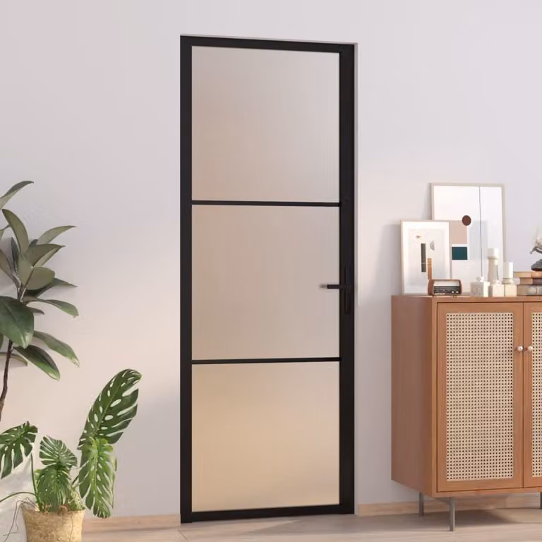 Porta interna The Living Store 76x201,5 cm vetro satinato nero e alluminio
