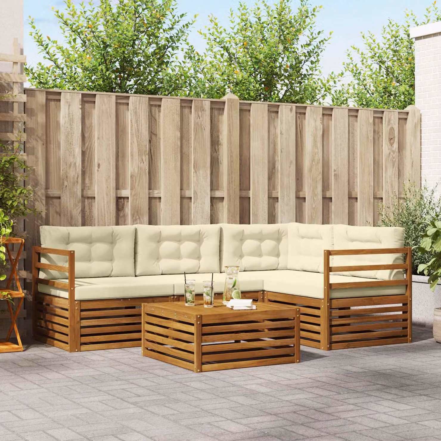Set di divani da esterno vidaXL 5 pz in legno di acacia con cuscini, colore beige e marrone