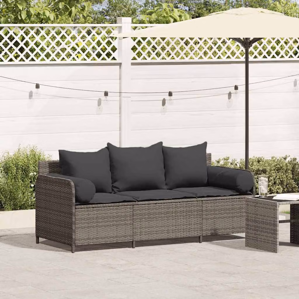 vidaXL Divano da Giardino a 3 Posti in Polyrattan Grigio con Cuscini Imbottiti e Coperture Rimovibili