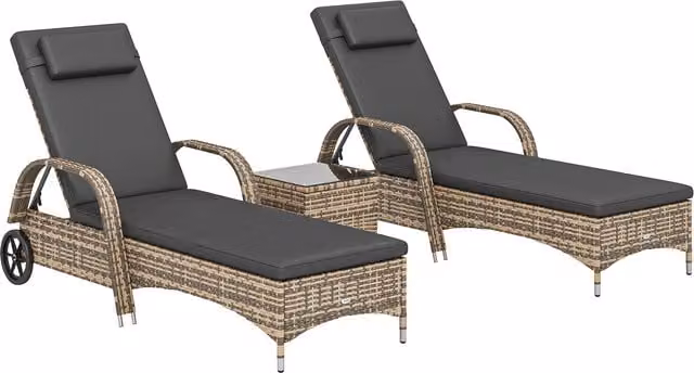 Set di 2 lettini prendisole Outsunny in polyrattan grigio antracite con poggiatesta regolabile, ruote e tavolino con vetro temperato