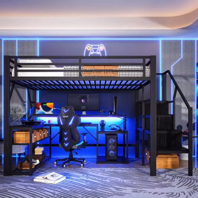 Letto a soppalco 140 x 200 cm con scrivania; scala con vani; LED e USB; struttura in ferro e MDF; nero