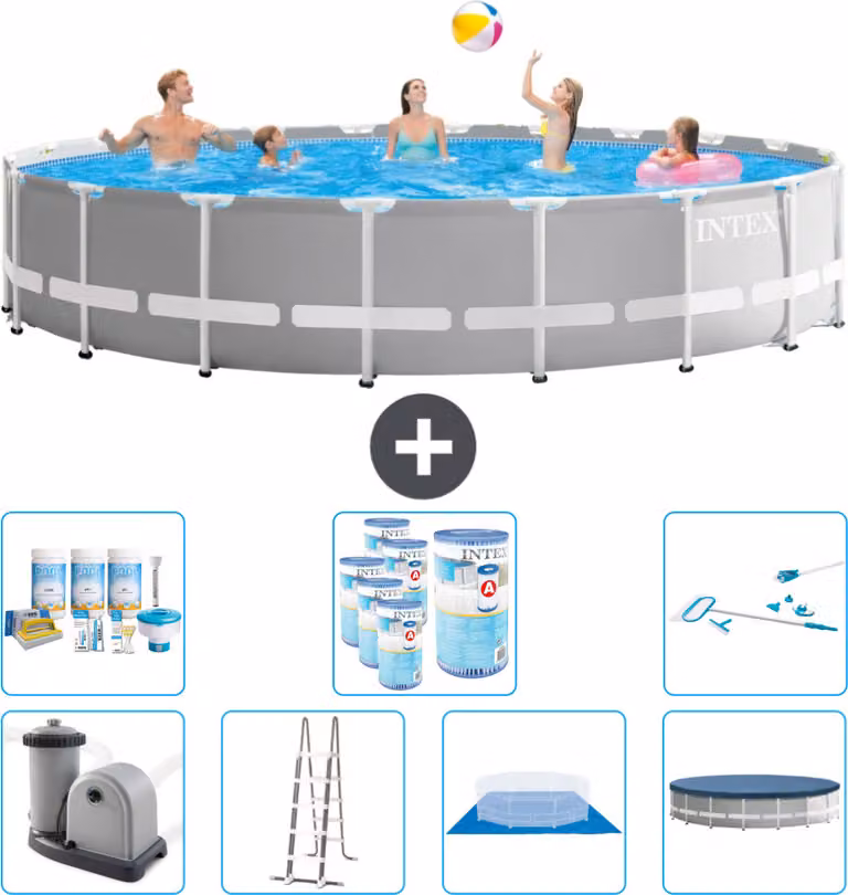 Piscina Intex Round Prism Frame - 610 x 132 cm - Grigio - inclusa pompa - scaletta - telo di fondo - pacchetto di manutenzione della copertura - filtro - kit di pulizia