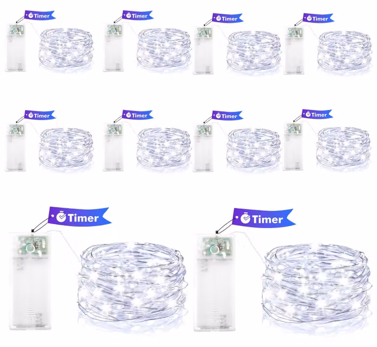 Catena luminosa con filo di rame, 10 LED bianchi freddi, lunghezza 1 metro, con timer. Set da 10