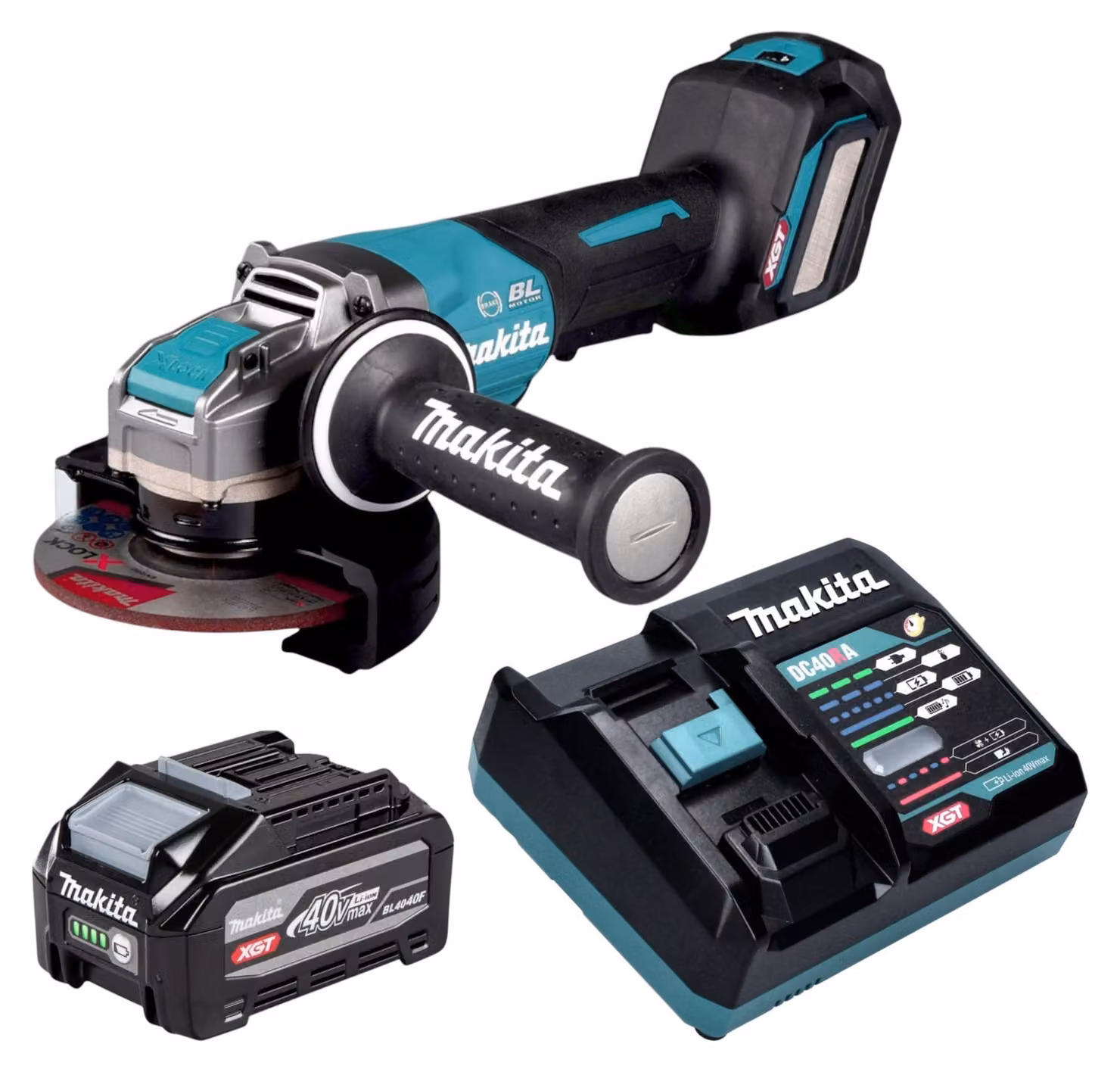 Smerigliatrice angolare a batteria Makita GA 044 GU101 40 V max. 125 mm X-LOCK Brushless + 1 batteria da 4,0 Ah + caricabatterie