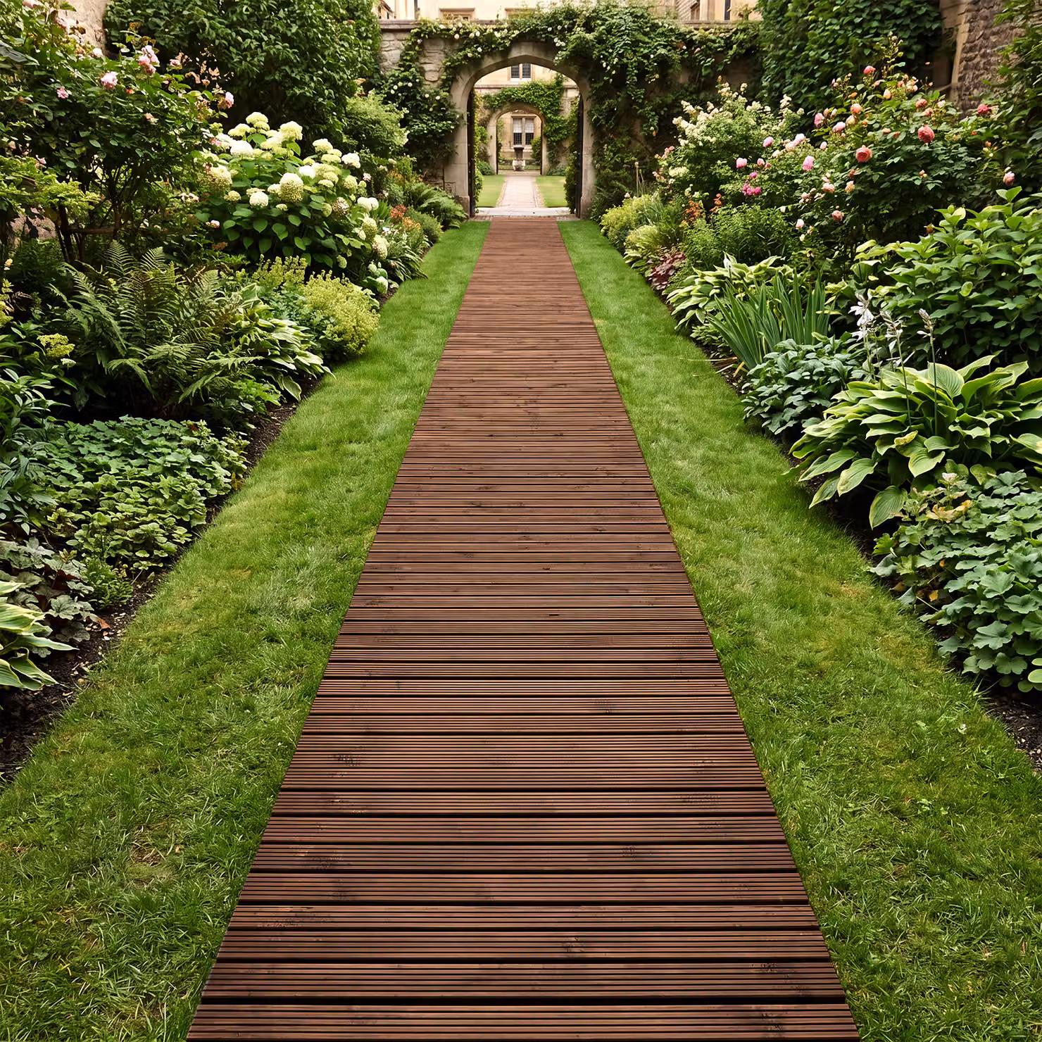 Passerella decorativa da giardino Costway in legno marrone con superficie antiscivolo e collegamenti in metallo