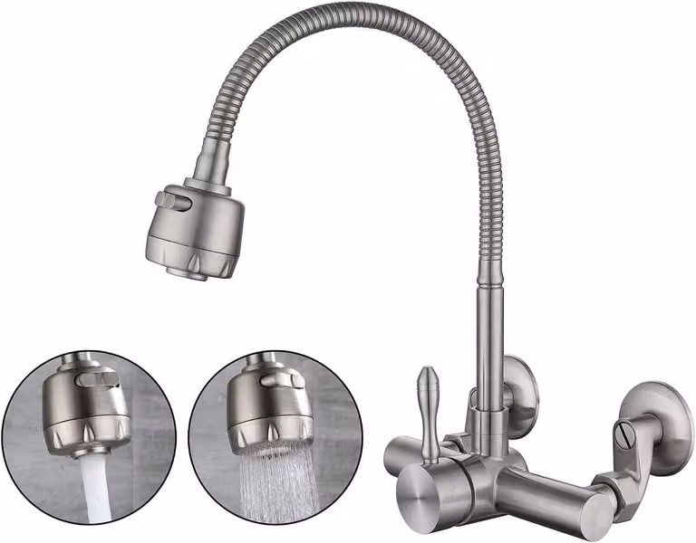 Rubinetto da parete per cucina, in acciaio inossidabile, girevole a 360°, solo acqua fredda, per montaggio a parete, diametro da 63 mm a 240 mm