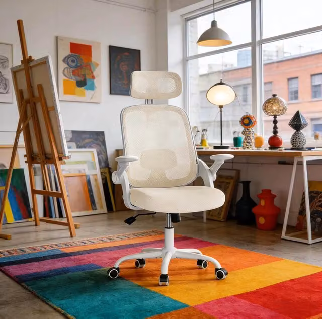 Sedia da ufficio ergonomica beige con poggiatesta e braccioli 3D