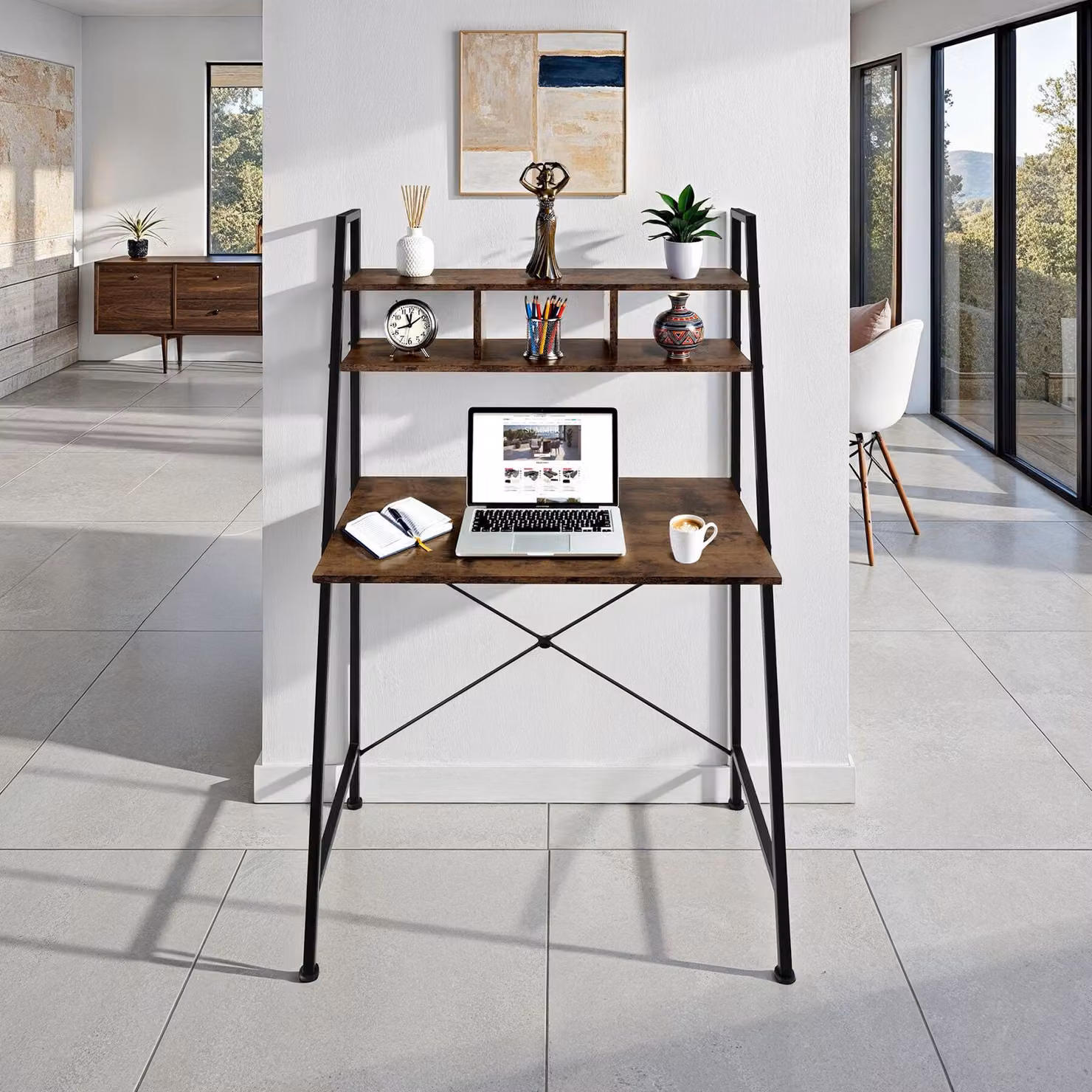 Scrivania da computer TecTake GmbH in stile industriale, colore marrone, L: 85,5 cm, P: 46,5 cm, H: 140 cm – 2