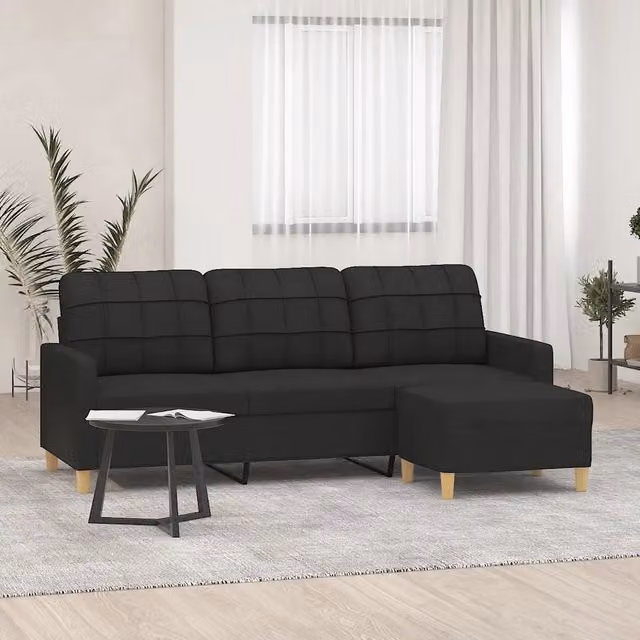 Divano a 3 Posti con Poggiapiedi-Sofa 3 Posti con Poggiapiedi Nero 180 cm in Tessuto 530822